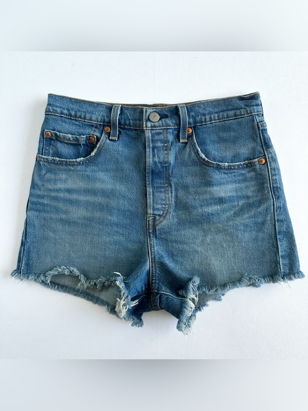 Levi's Premium 501 Blue Denim Cut Off Shorts W28 Medium Wash Raw Hem